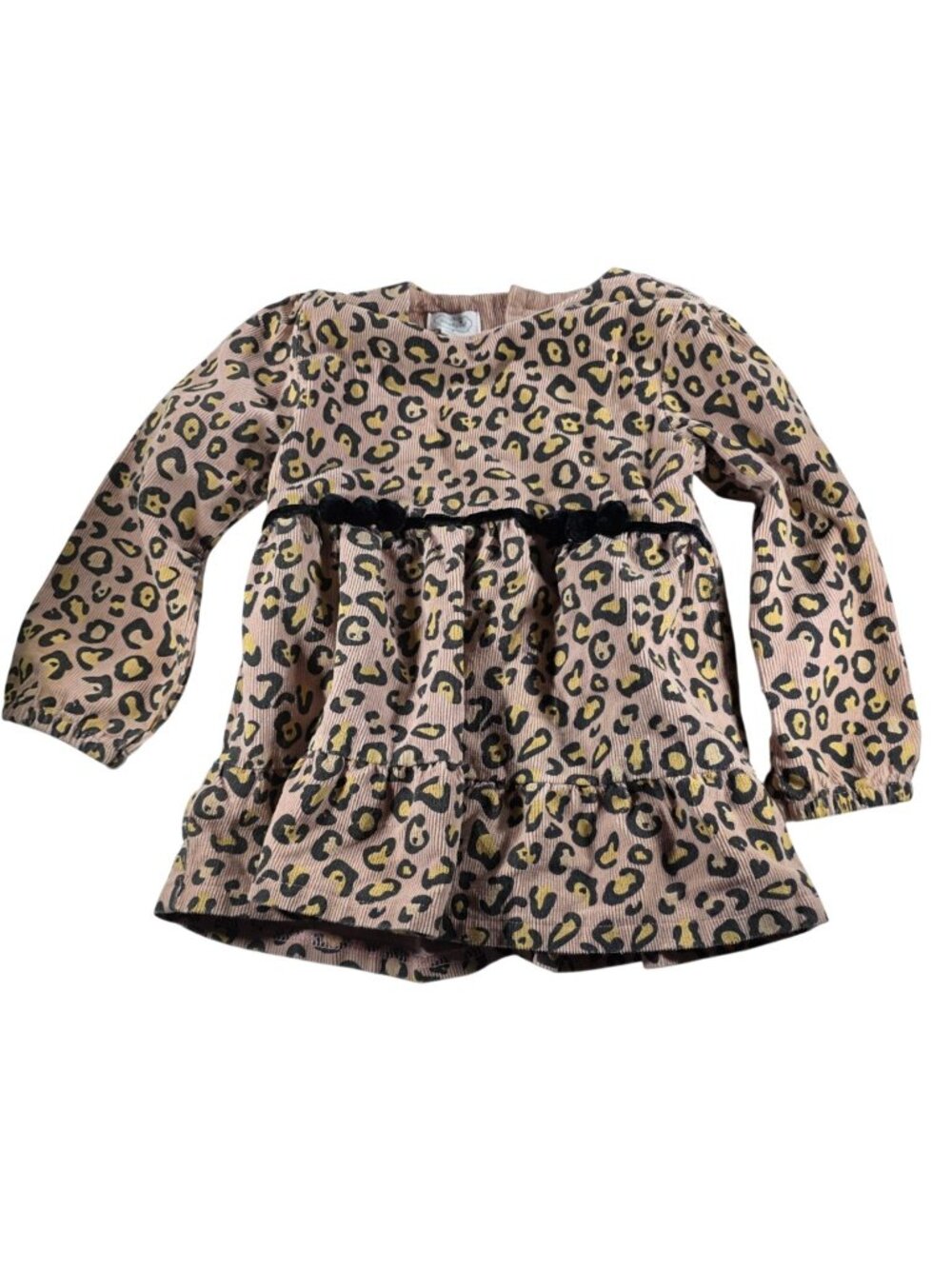Mud Pie Girls Leopard Print Corduroy Dress 3T Black Velvet Trim Long Sleeves